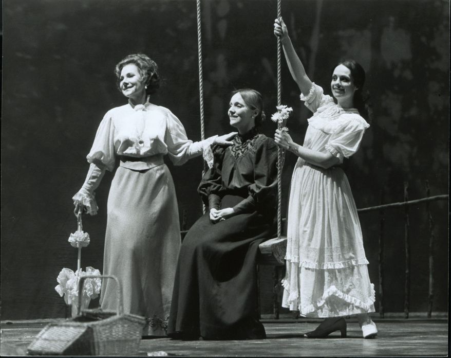 This Feb. 1978 black-and-white handout photo provided by the Kennedy Center shows, from left, Evelyn Lear as Irina Arkadina, Patricia Wells as Masha, and Evelyn Petros as Nina in Pastieriís The Seagull. American soprano Evelyn Lear, who became an opera star in Europe while singing some of the most difficult contemporary operas before returning to the United States, has died. She was 86. (AP Photo/Kennedy Center)