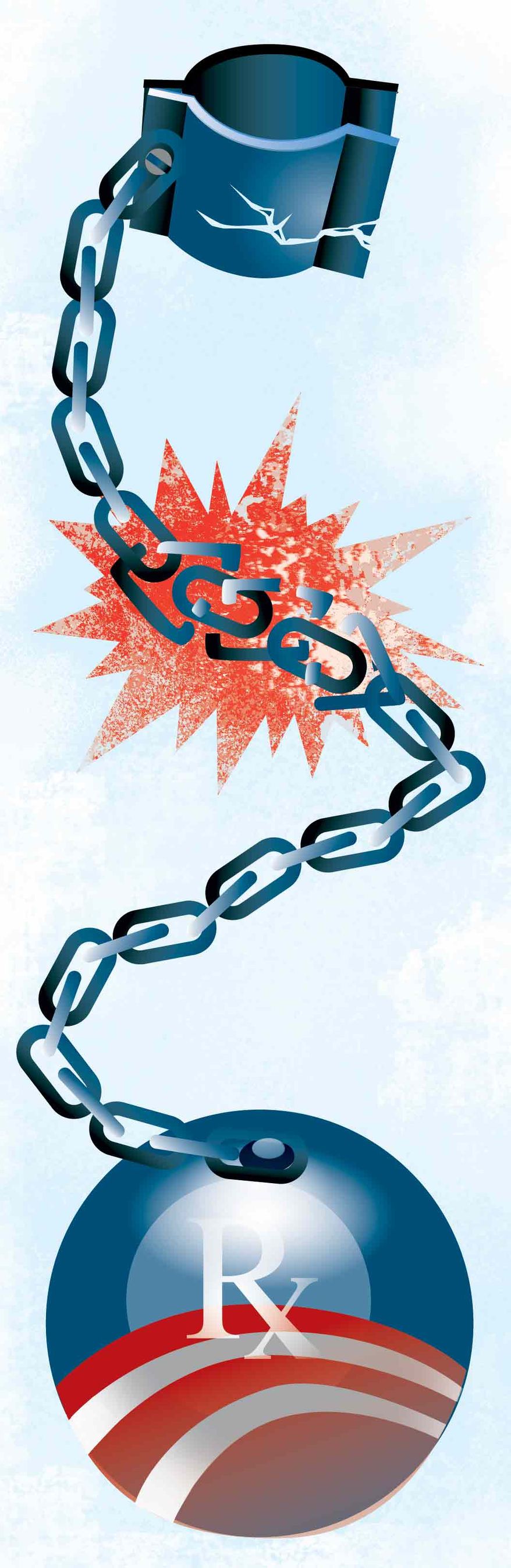 Illustration Breaking the Chains of Obamacare by Linas Garsys for The Washington Times