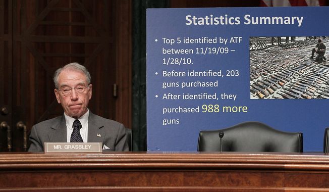 Sen. Chuck Grassley, Iowa Republican, said the possibility exists that Justice Department officials were aware of a memo from an ATF agent in Phoenix on Feb. 3 and still sent its erroneous denial letter Feb. 4. The latter was later disavowed. (Associated Press)