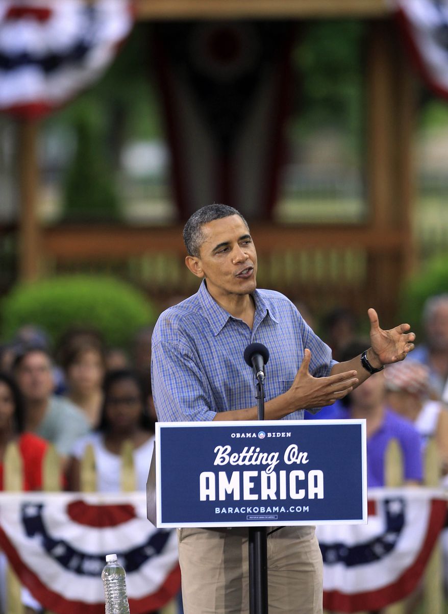**FILE** President Obama speaks July 5, 2012, at James Day Park in Parma, Ohio. (Associated Press)