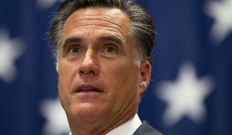 **FILE** Republican presidential candidate Mitt Romney speaks June 6, 2012, during a campaign stop at USAA insurance company in San Antonio. (Associated Press)