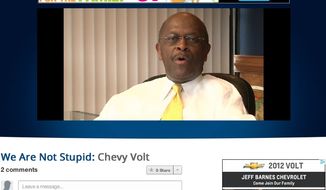 A Chevy ad sits next to Herman Cain&#39;s commentary criticizing President Obama&#39;s bailout of the U.S. automobile industry — in particular the administration&#39;s support of GM&#39;s flagship &quot;green&quot; car, the Chevy Volt, in this screenshot of his new website (CainTV.com).