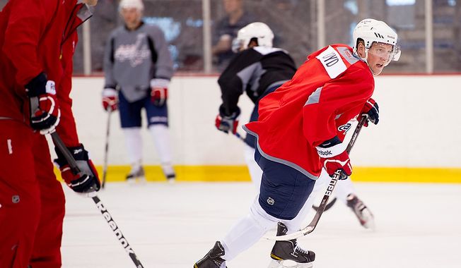 Travis Boyd practices with the Washington Capitals on their first day of development camp at the Kettler Capitals Iceplex in Arlington on Monday, July 9, 2012. (Andrew Harnik/The Washington Times) **File**