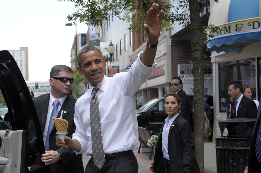 President Obama heads to his car after getting ice cream at Deb's Ice Cream & Deli in Cedar Rapids, Iowa, on Tuesday, July 10, 2012. (AP Photo/Susan Walsh)
