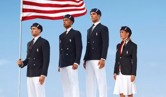 Swimmer Ryan Lochte (from left), decathlete Bryan Clay, rower Giuseppe Lanzone and soccer player Heather Mitts model the official Team USA uniform designed by Ralph Lauren for the opening ceremony of the London Olympic Games. (AP Photo/Ralph Lauren)
