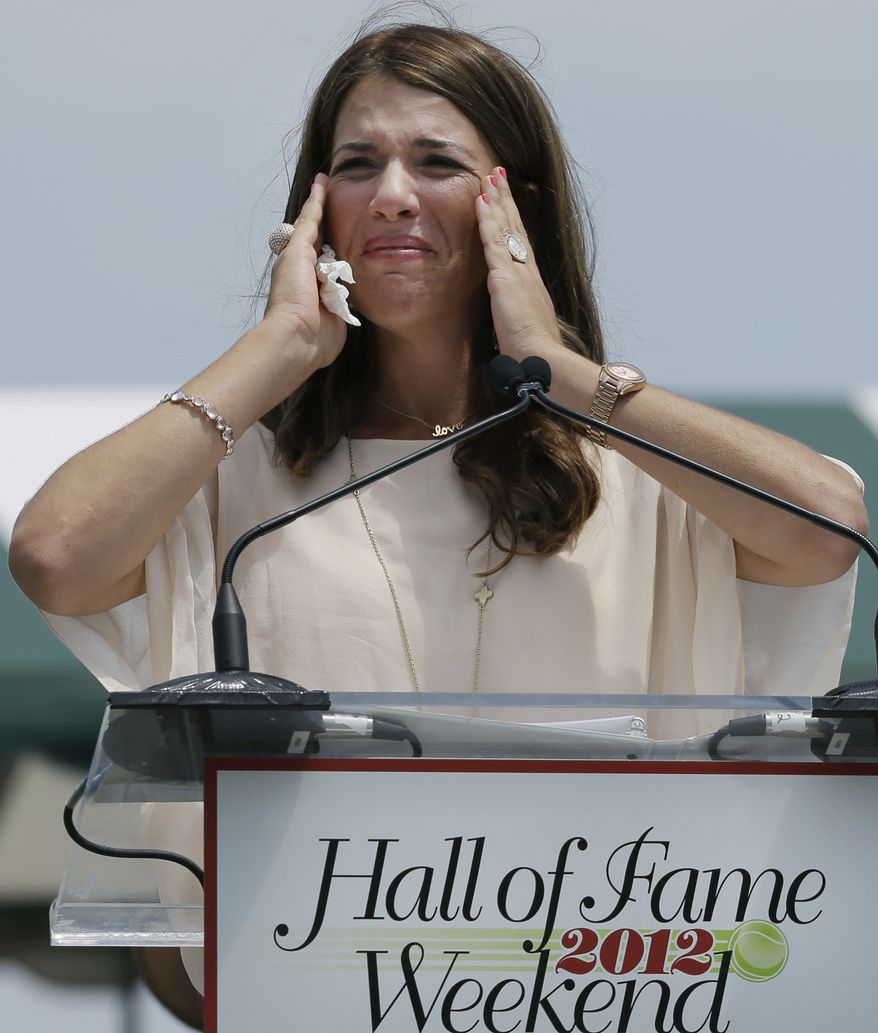 International Tennis Hall of Fame inductee Jennifer Capriati speaks during her induction ceremony in Newport, R.I., on Saturday, July 14, 2012. (AP Photo/Elise Amendola)