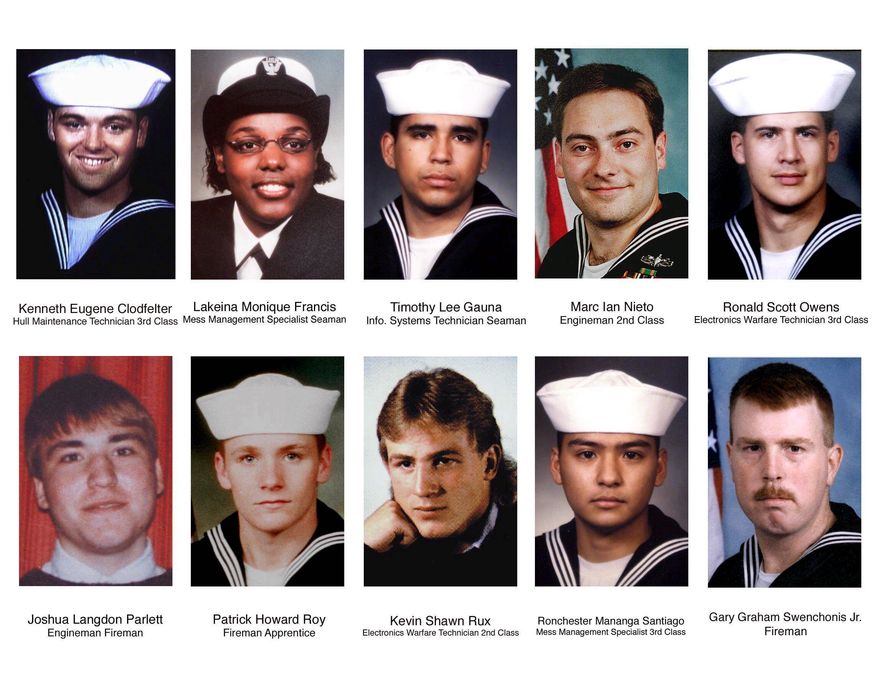 Seventeen sailors died and 39 were injured in a suicide attack on the USS Cole the day before while it was refueling in the Yemeni port of Aden. (Associated Press)