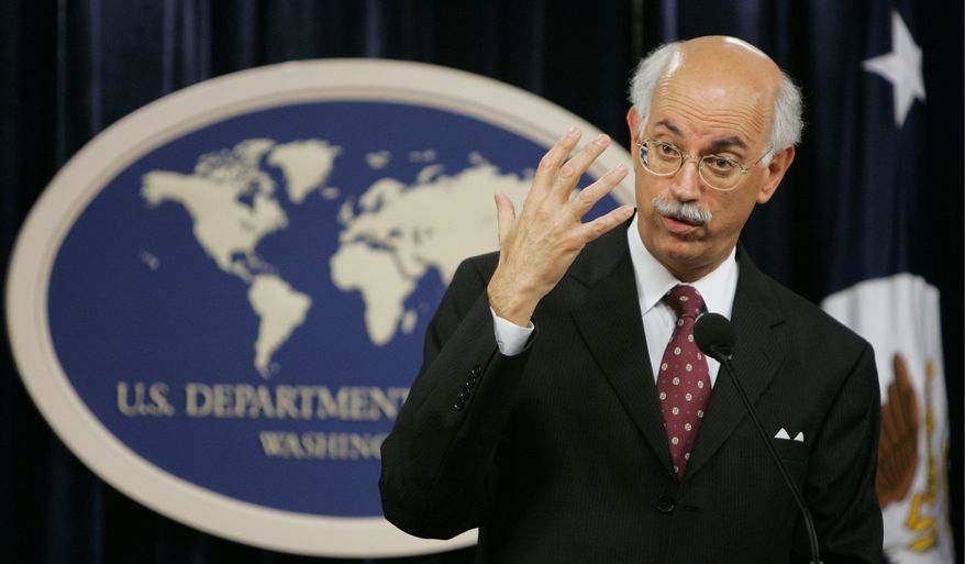 Andrew Natsios, the president’s special envoy for Sudan, gestures during a press briefing on Darfur and the U.S.-imposed sanctions, on Tuesday, May 29, 2007, at the State Department in Washington. (Associated Press)