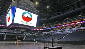 Rep. Debbie Wasserman Schultz, Democratic National Committee chairwoman, speaks in June at Time Warner Cable Arena in Charlotte, N.C., during a walk-through for the news media, ahead of the party’s national convention, to be held there the first week of September. (Associated Press)