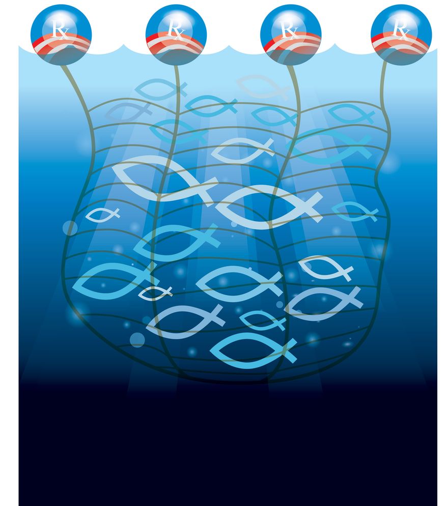 Illustration Obamacare Hurts Religion by Linas Garsys for The Washington Times