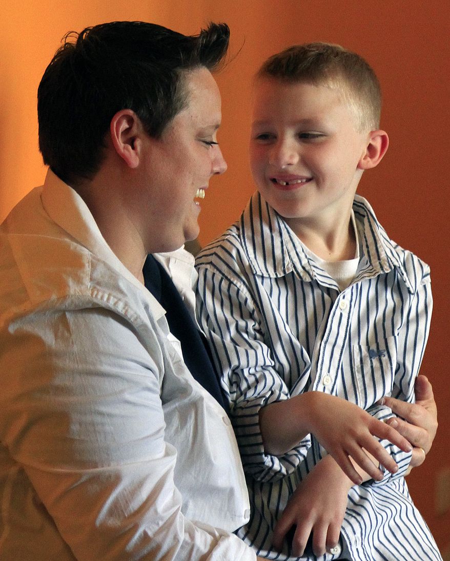 **FILE** Jennifer Tyrrell and her son, Cruz Burns, 7, are seen here on April 25, 2012, during a visit to New York. After a confidential two-year review, the Boy Scouts of America on July 17, 2012, emphatically reaffirmed its policy of excluding gays. One ongoing protest campaign involves Tyrrell, the Ohio mother of the 7-year-old Cub Scout, who was ousted as a Scout den mother because she is lesbian. (Associated Press)