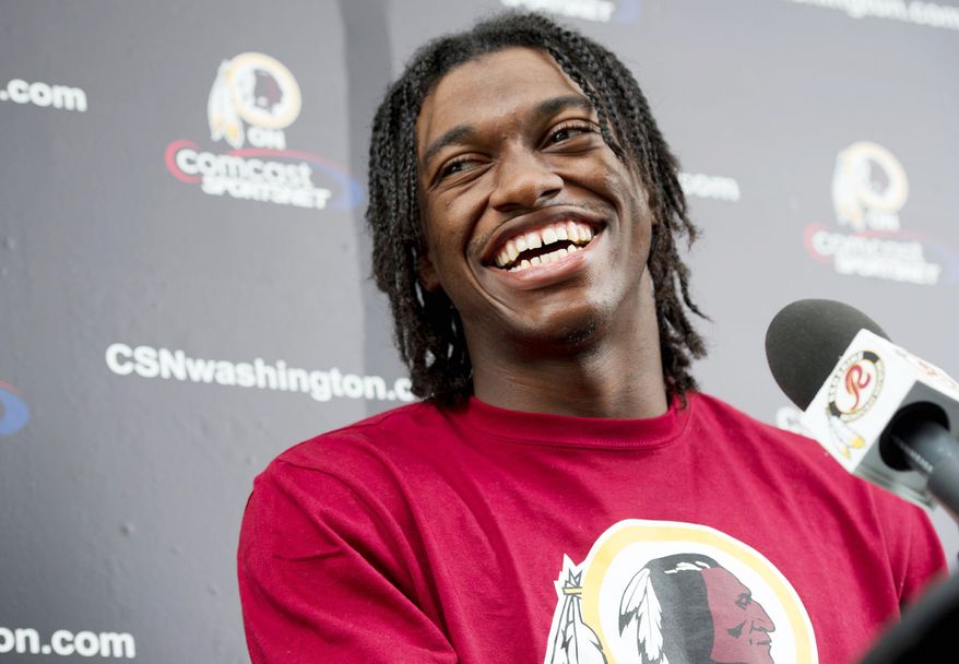Robert Griffin III, aka RG3, told the media he felt good on the field during a press conference following Washington Redskins Rookie Minicamp at Redskins Park in Ahsburn, Va., on Sunday, May 6, 2012. He says he hopes to earn the respect of the veteran players when they return to start training camp. (Barbara L. Salisbury/The Washington Times)