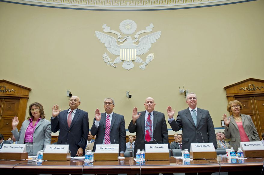 The House Committee on Oversight and Government Reform’s D.C. subcommittee heard testimony about changing height restrictions of D.C. buildings from (from left) Harriet Tregoning, Natwar M. Gandhi, Marcel C. Acosta, Roger K. Lewis, Christopher H. Collins and Laura M. Richards. The Heights of Buildings Act of 1910 restricted the heights of building in the nation’s capital. (Barbara L. Salisbury/The Washington Times)