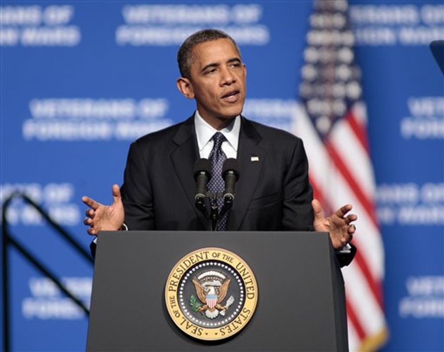 President Obama addresses the 113th National Convention of the Veterans of Foreign Wars in Reno, Nev. Monday, July 23, 2012. (Associated Press)