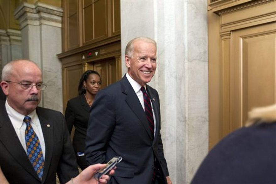 Vice President Joe Biden, in his Constitutional role as president of the Senate, arrives at the Capitol to provide the tie-breaking vote, if needed, on a vote to extend broad tax cuts that will otherwise expire in January, in Washington, Wednesday, July 25, 2012. (AP Photo/J. Scott Applewhite)
