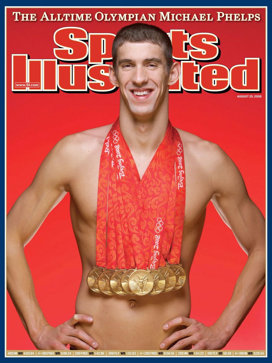 In this photo provided by Sports Illustrated, U.S. swimmer and all-time Olympian Michael Phelps is seen with his eight gold medals, posing exclusively for the Wednesday, Aug. 25, 2008 edition of Sports Illustrated in a photo taken on Aug. 17, 2008 in Beijing, China. At age 23, Phelps owns 16 Olympic medals, 14 of which are gold. The Aug. 25 issue hits newsstands on Wednesday, Aug. 20. (AP Photo/Sports Illustrated, Simon Bruty)