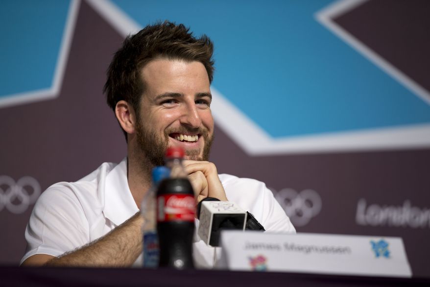 Australian swimmer James Magnussen smiles during a news conference in the Main Press Centre at the 2012 Summer Olympics, Monday, July 23, 2012, in London. (AP Photo/Matt Dunham)