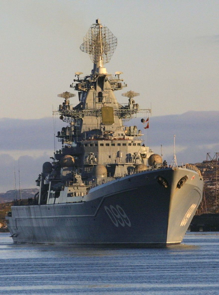 ** FILE ** In this October 2001 file photo, the Pyotr Velikiy, Peter the Great, Russian nuclear-powered missile cruiser is seen near Severomorsk, Russia. Vice Admiral Viktor Chirkov, Russia's navy chief says Friday, July 27, 2012, that Moscow is talking to Cuba, Vietnam and the Seychelles about housing Russian navy ships. (AP Photo/Dmitry Lovetsky, File)