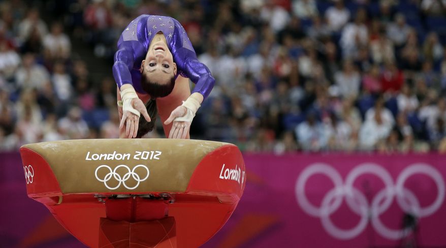 U.S. gymnast Jordyn Wieber performs July 29, 2012, on the vault during the Artistic Gymnastics women's qualification at the 2012 Summer Olympics in London. (Associated Press)