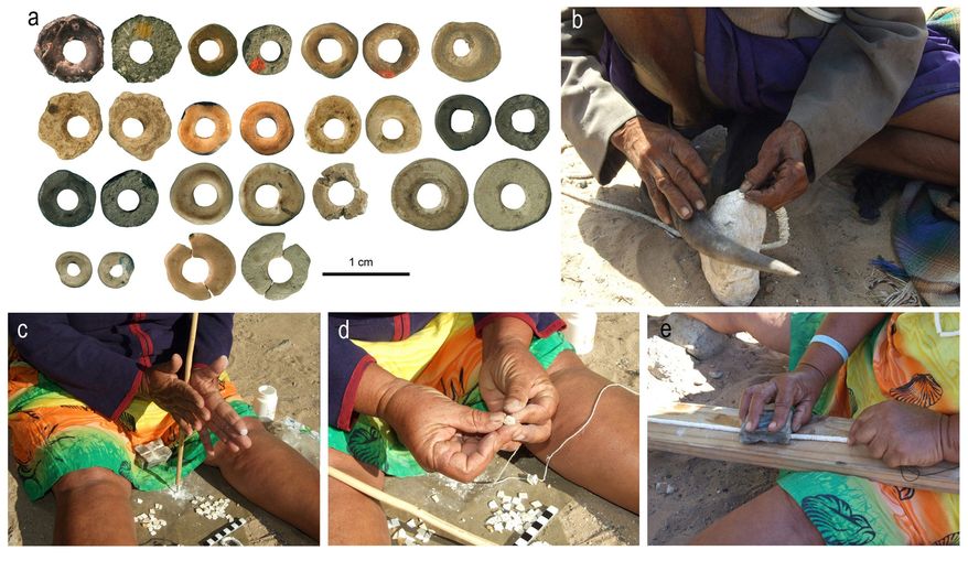 Photographs show 44,856- to 41,010-year-old ostrich eggshell beads produced with techniques similar to those used by Kalahari San women: shaping, drilling perforations, stringing with vegetal twine and smoothing with a grooved stone. (University of the Witwatersrand via Associated Pres)