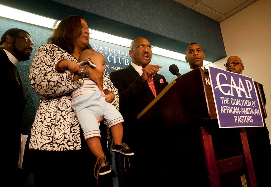 Rev. Wiliam Owen, president and founder of the Coalition of African-American Pastors, launched a national campaign to oppose President Obama's support of gay marriage during a press conference at the National Press Club on Tuesday, July 31, 2012, in Washington D.C. "I'm ashamed that he choose this disgraceful road," Rev Owen says. The CAAP say they are urging black pastors around the country to oppose the president's actions and to withdraw support for him in the upcoming November elections. (Raymond Thompson/The Washington Times)