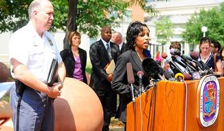 Prince George&#39;s County State&#39;s Attorney Angela Alsobrooks speaks to members of the media about the arrest warrant issued for Neil Prescott on one count of telephone misuse, a misdemeanor, after Prescott allegedly made threatening remarks to a former employer over the phone, Prince George&#39;s County Courthouse, Upper Marlboro, Md., Wednesday, August 1, 2012.  (Ryan M.L. Young/The Washington Times)