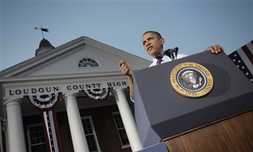 President Obama speaks at a campaign event at Loudoun County High School, Thursday, Aug. 2, 2012 in Leesburg, Va. (AP Photo/Pablo Martinez Monsivais)