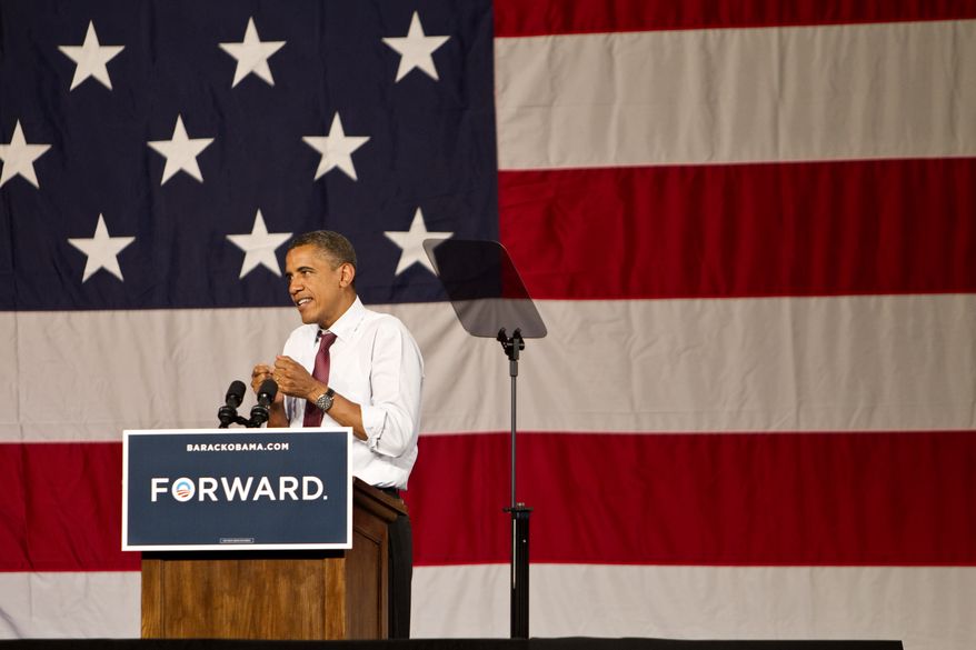 President Obama addresses the crowd of supporters on his grass-roots campaign tour at the Harold and Ted Alfond Sports Center of Rollins College in Winter Park, Fla., on Thursday, Aug. 2, 2012. (AP Photo/Tampa Bay Times, Willie J. Allen Jr.)