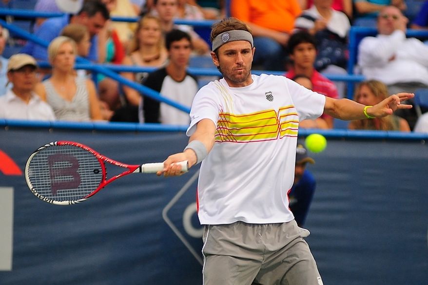 Mardy Fish plays in his match against Ricardas Berankis at the Citi Open tennis tournament at the William H.G. FitzGerald Tennis Center, Washington D.C., Thursday, August 2, 2012. (Ryan M.L. Young/The Washington Times)