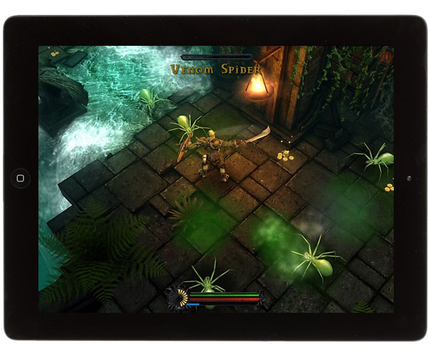 Warchief Rok battles nasty spiders in the iPad game ORC: Vengeance.