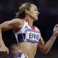 Britain&#39;s Jessica Ennis competes in a 200-meter heptathlon during the athletics in the Olympic Stadium at the 2012 Summer Olympics, London, Friday, Aug. 3, 2012. (AP Photo/Ben Curtis)