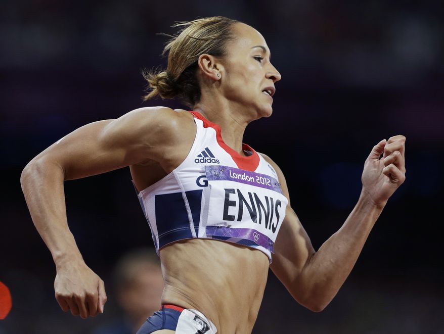 Britain's Jessica Ennis competes in a 200-meter heptathlon during the athletics in the Olympic Stadium at the 2012 Summer Olympics, London, Friday, Aug. 3, 2012. (AP Photo/Ben Curtis)