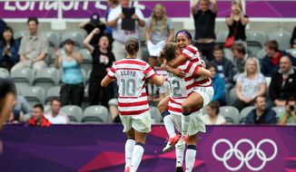 United States&#x27; Sydney Leroux, right, celebrates her goal with her teammates during their women&#x27;s quarter-final soccer match against New Zealand at St James&#x27; Park in Newcastle, England, during the London 2012 Summer Olympics, Friday, Aug. 3, 2012. (AP Photo/Scott Heppell)