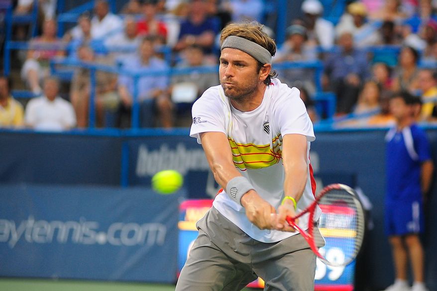 Mardy Fish plays in his match against Ricardas Berankis at the Citi Open tennis tournament at the William H.G. FitzGerald Tennis Center, Washington D.C., Thursday, August 2, 2012. (Ryan M.L. Young/The Washington Times)