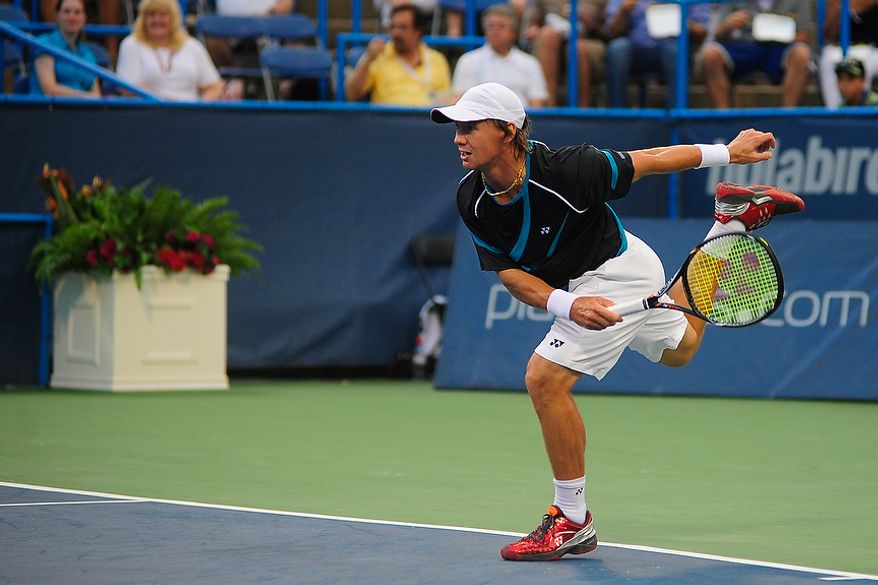 Ricardas Berankis plays in his match against Mardy Fish at the Citi Open tennis tournament at the William H.G. FitzGerald Tennis Center, Washington D.C., Thursday, August 2, 2012. (Ryan M.L. Young/The Washington Times)