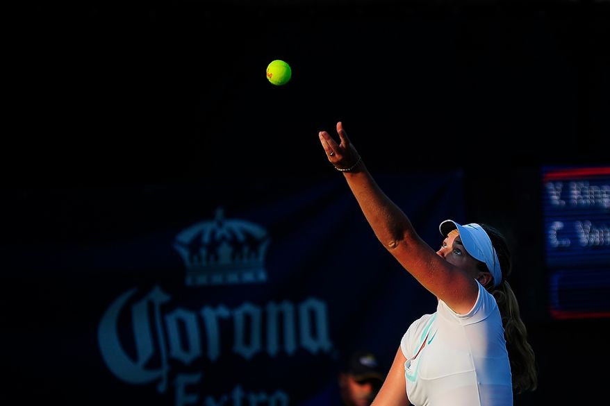 Coco Vandeweghe plays in her match against Vania King at the Citi Open tennis tournament at the William H.G. FitzGerald Tennis Center, Washington D.C., Thursday, August 2, 2012. (Ryan M.L. Young/The Washington Times)