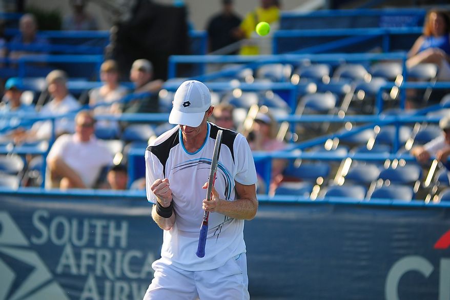 Kevin Anderson celebrates after defeating Florent Serra at the Citi Open tennis tournament at the William H.G. FitzGerald Tennis Center, Washington D.C., Thursday, August 2, 2012. (Ryan M.L. Young/The Washington Times)