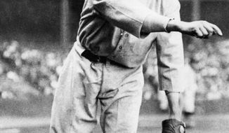 Walter Johnson, nicknamed &quot;The Big Train,&quot; was a pitcher playing from 1907 to 1927  with the Washington Senators.  Johnson was known as a power pitcher of his era, believed to throw the ball over 100 miles per hour.   Later in Johnson&#39;s career as baseball manager he had the nickname, &quot;Old Barney.&quot;    Location and date of this photo is unknown.  (AP Photo)