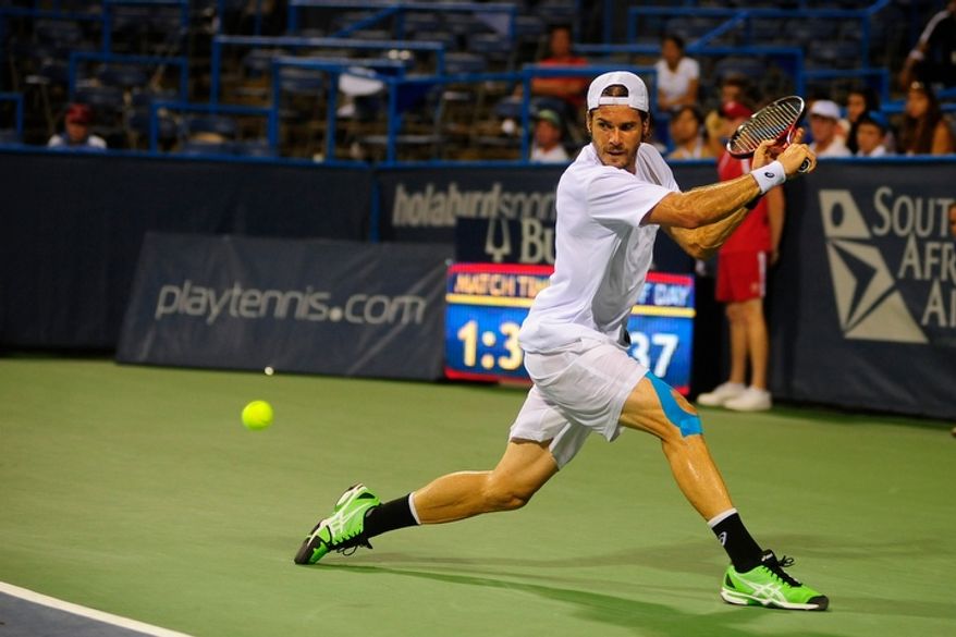 Tommy Haas plays in the men's final against Alexandr Dolgopolov at the Citi Open tennis tournament at the William H.G. FitzGerald Tennis Center, Washington D.C., Sunday, August 5, 2012. (Ryan M.L. Young/The Washington Times)