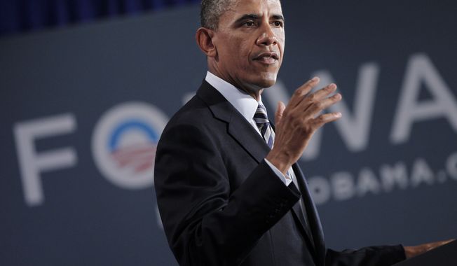 **FILE** President Obama speaks Aug., 6, 2012, at a campaign fundraiser in Stamford, Conn. (Associated Press)