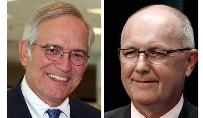 This undated combination photo shows Republicans Clark Durant (left) and former Rep. Pete Hoekstra, who were running in the Aug. 7, 2012, Michigan GOP primary. Mr. Hoekstra was declared the winner and will take on Democratic Sen. Debbie Stabenow in November. (AP Photo)