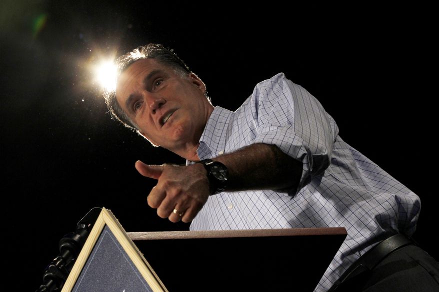 Republican presidential candidate Mitt Romney campaigns Aug. 8, 2012, at Central Campus High School in Des Moines, Iowa. (Associated Press)