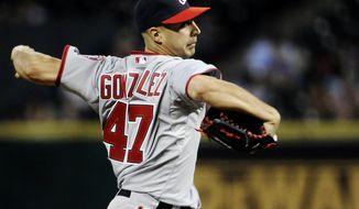 Washington Nationals&#x27; Gio Gonzalez delivers a pitch against the Houston Astros in the fifth inning of a baseball game, Wednesday, Aug. 8, 2012, in Houston. (AP Photo/Pat Sullivan)
