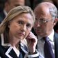 ** FILE ** In this July 6, 2012, file photo, U.S. Secretary of State Hillary Rodham Clinton and French Foreign Minister Laurent Fabius attend the &quot;Friends of Syria&quot; conference in Paris. The United States is readying new sanctions on Syrian President Bashar Assad&#39;s regime and its allies as Clinton heads to Turkey on Friday, Aug. 10, 2012, for weekend talks with top Turkish officials and Syrian opposition activists. (AP Photo/Brendan Smialowski, Pool, File)
