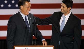 ** FILE ** House Budget Committee Chairman Rep. Paul Ryan, R-Wis. introduces Republican presidential candidate, former Massachusetts Gov. Mitt Romney before Romney spoke at the Grain Exchange in Milwaukee, in this April 3, 2012, file photo. (AP Photo/M. Spencer Green, File)

