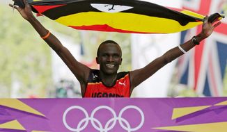 Stephen Kiprotich of Uganda was the surprise gold medalist, winning in 2 hours, 8 minutes, 1 second as he pulled away from the Kenyan duo of Abel Kirui and favorite Wilson Kiprotich Kipsang. (Associated Press)