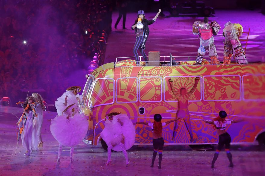 Russell Brand performs "I am the Walrus," during the Closing Ceremony at the 2012 Summer Olympics, Sunday, Aug. 12, 2012, in London. (AP Photo/Dmitry Lovetsky)
