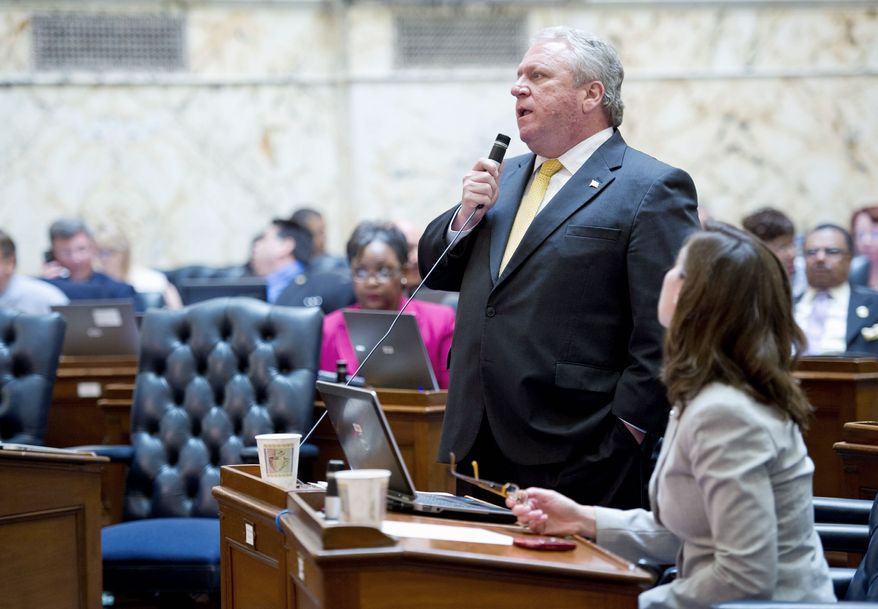 Minority Leader Anthony J. O’Donnell, Calvert Republican, addresses his fellow delegates during Tuesday’s special session at on expanding gambling in the state. “The votes didn’t exist for the underlying issue so this was offered,” he said of an amendment on gambling in veterans halls. (Barbara L. Salisbury/The Washington Times)