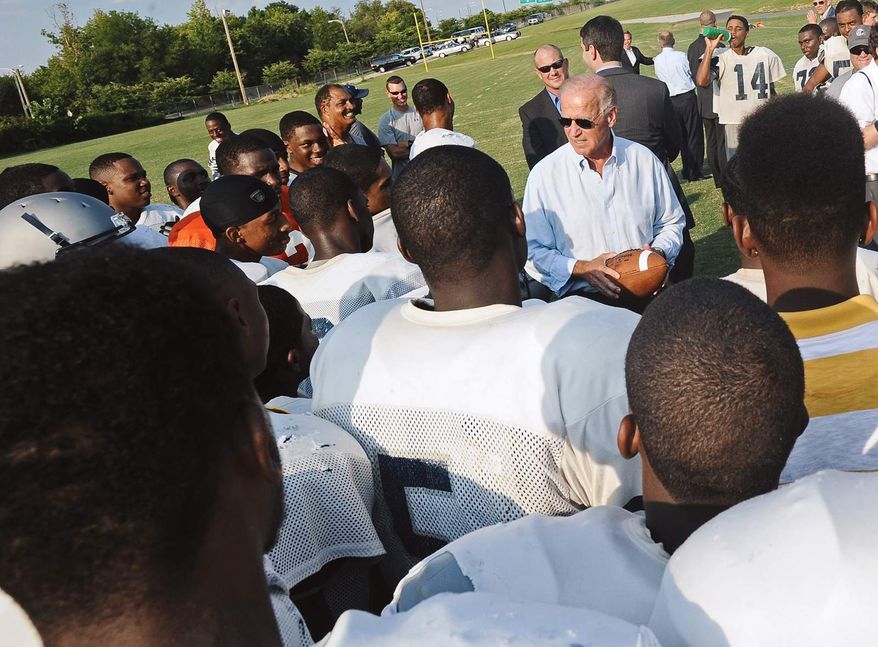 Vice President Joe Biden pays the George Washington High School football team a surprise visit on Monday, Aug. 13, 2014, in Danville, Va. (AP Photo/The Register &amp; Bee, Steven Mantilla) ** FILE **