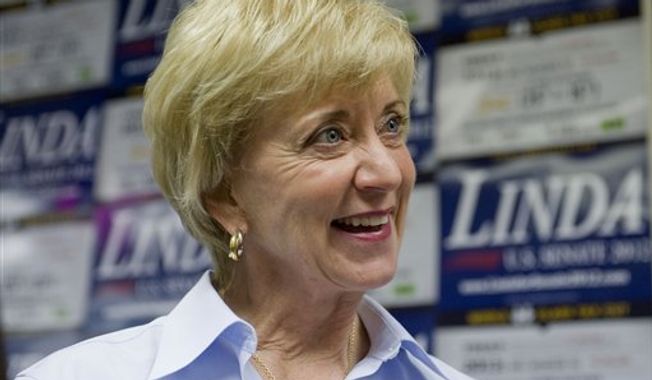 Republican candidate for U.S. Senate Linda McMahon smiles at a grand opening for her Farmington, Conn., office Friday, July 27, 2012. The former wrestling CEO defeated Christopher Shays in the primary Tuesday night. (AP Photo/Jessica Hill)